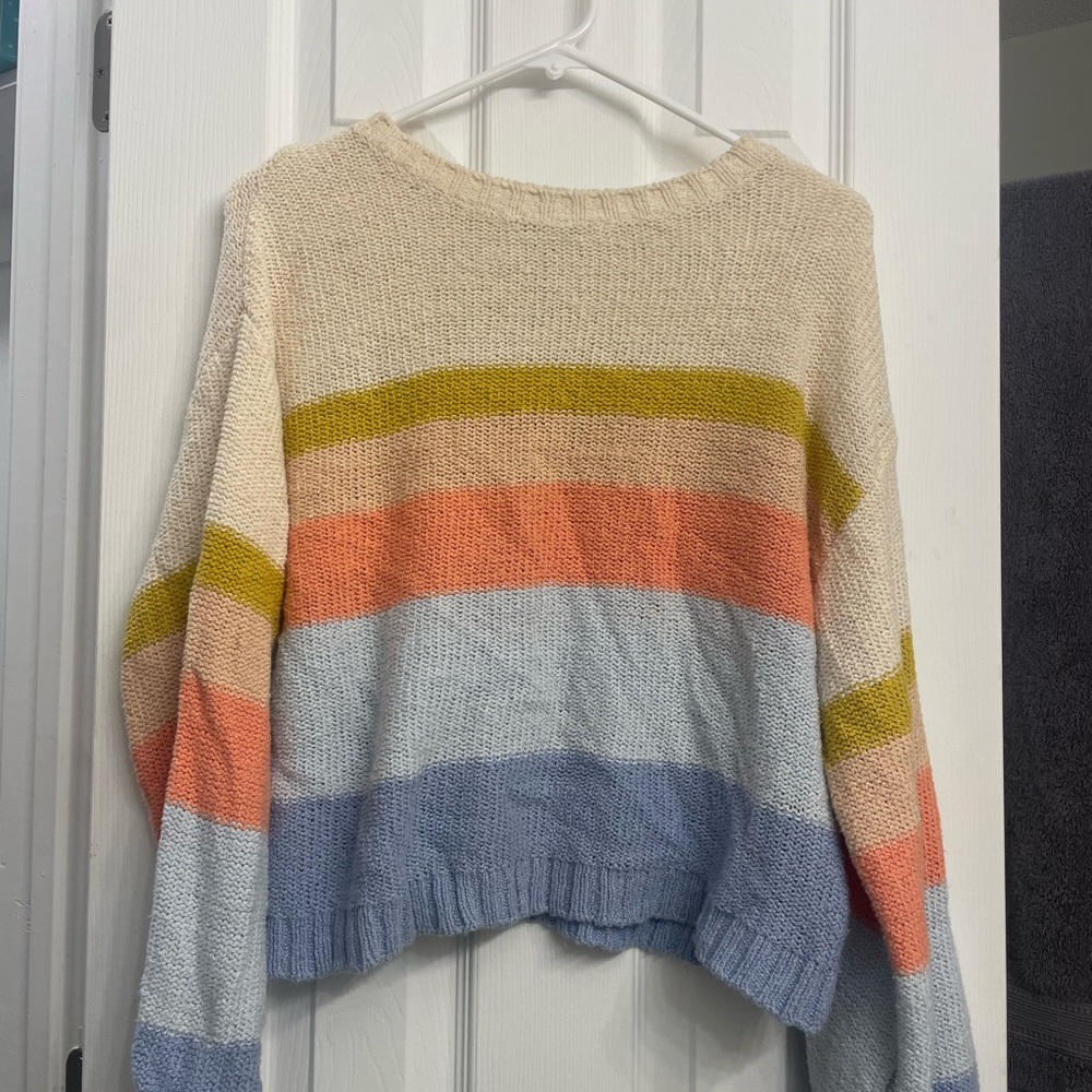 Cropped Cream Crewneck Sweater with Pastel Stripes
